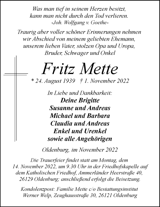 Traueranzeige von Fritz Mette von Nordwest-Zeitung