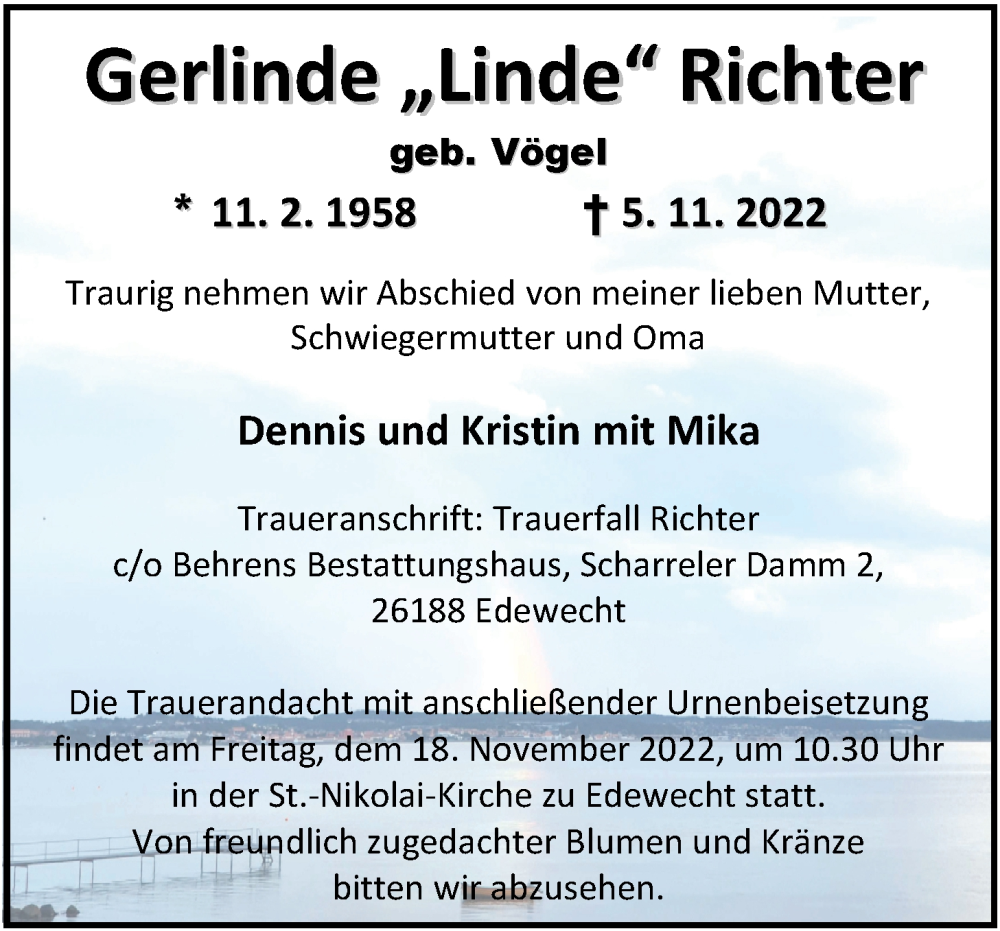  Traueranzeige für Gerlinde Richter vom 11.11.2022 aus Nordwest-Zeitung