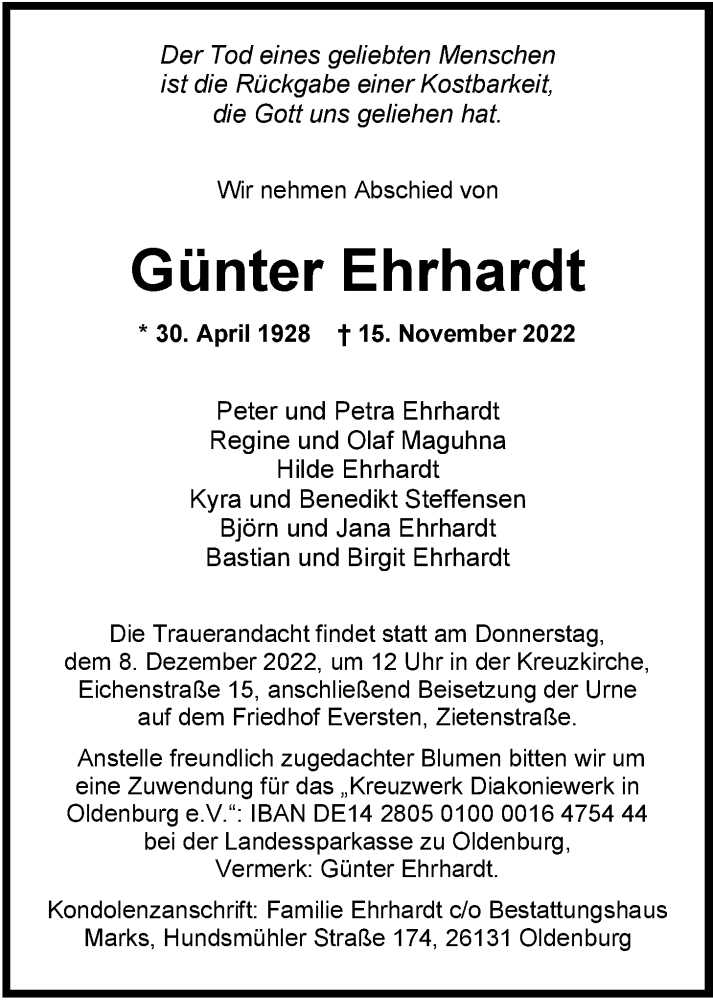  Traueranzeige für Günter Ehrhardt vom 26.11.2022 aus Nordwest-Zeitung