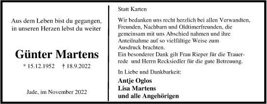 Traueranzeige von Günter Martens von Nordwest-Zeitung