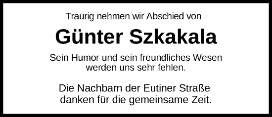 Traueranzeige von Günter Szkakala von Nordwest-Zeitung
