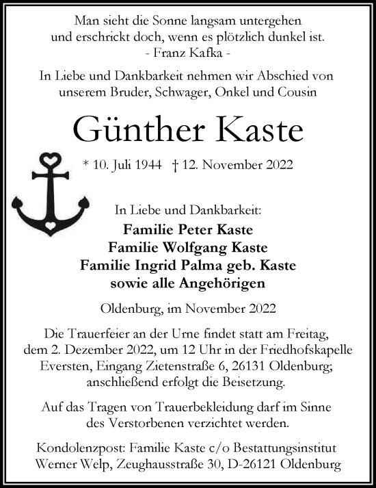 Traueranzeige von Günther Kaste von Nordwest-Zeitung
