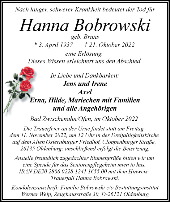 Traueranzeige von Hanna Bobrowski von Nordwest-Zeitung