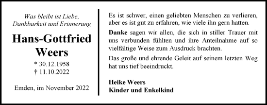 Traueranzeige von Hans-Gottfried Weers von Emder Zeitung