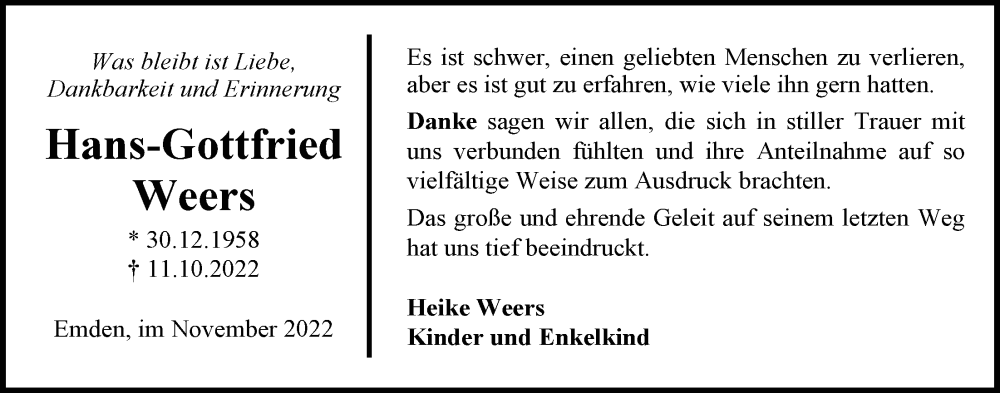  Traueranzeige für Hans-Gottfried Weers vom 26.11.2022 aus Emder Zeitung