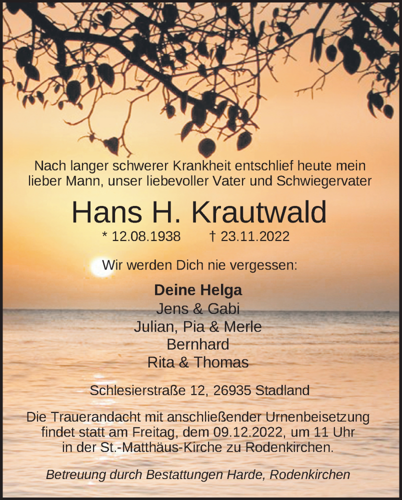  Traueranzeige für Hans-Heini Krautwald vom 25.11.2022 aus Nordwest-Zeitung