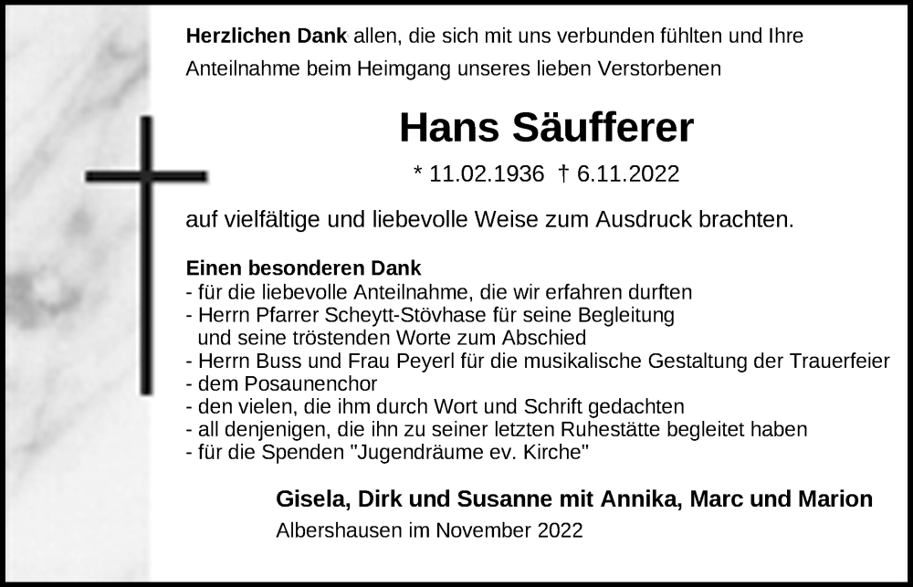  Traueranzeige für Hans Säufferer vom 25.11.2022 aus Nordwest-Zeitung