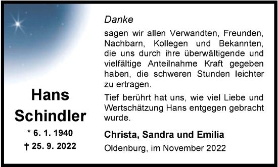 Traueranzeige von Hans Schindler von Nordwest-Zeitung