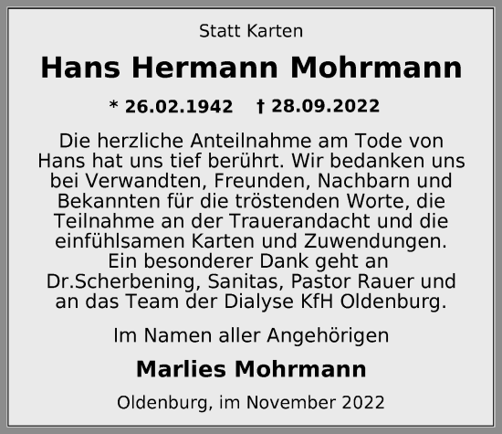 Traueranzeige von Hans Hermann Mohrmann von Nordwest-Zeitung