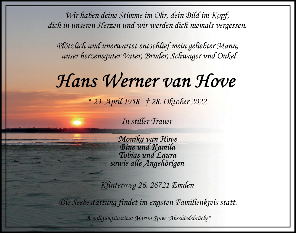  Traueranzeige für Hans Werner van Hove vom 05.11.2022 aus Emder Zeitung