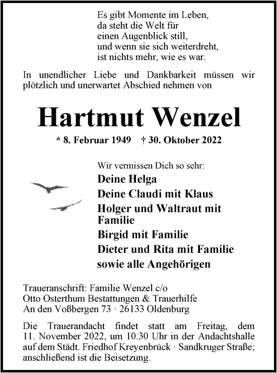 Traueranzeige von Hartmut Wenzel von Nordwest-Zeitung