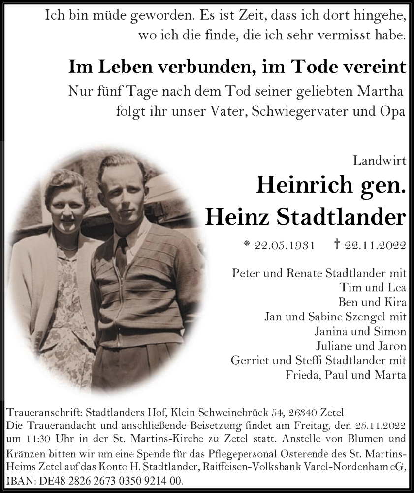  Traueranzeige für Heinrich (Heinz) Stadtlander vom 24.11.2022 aus Nordwest-Zeitung