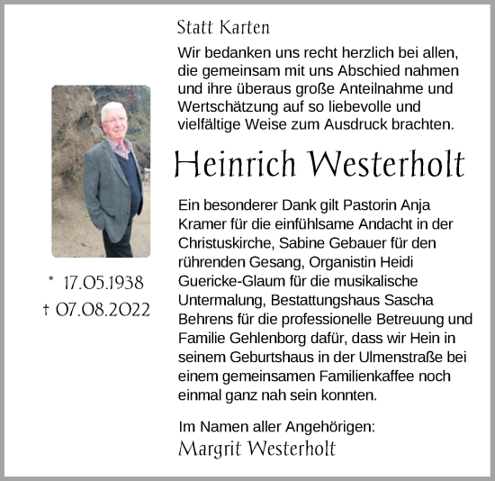 Traueranzeige von Heinrich Westerholt von Nordwest-Zeitung