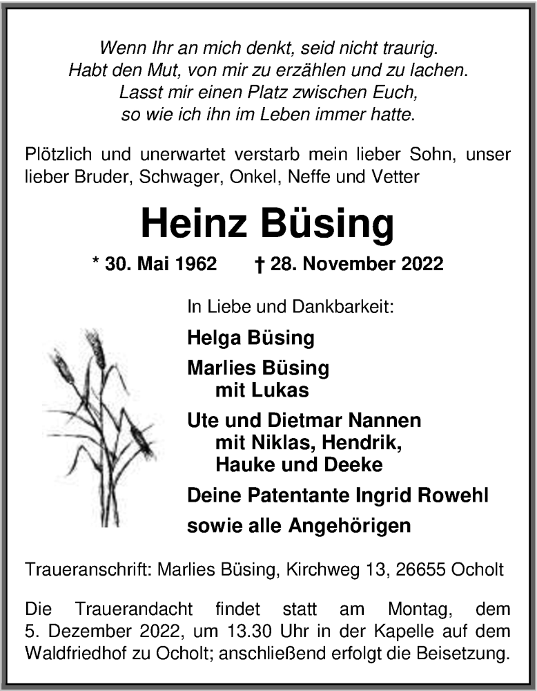  Traueranzeige für Heinz Büsing vom 01.12.2022 aus Nordwest-Zeitung