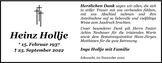 Traueranzeige von Heinz Hollje von Nordwest-Zeitung