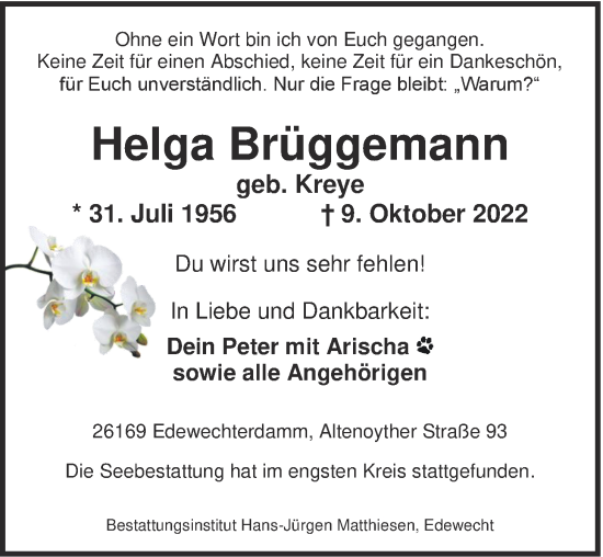 Traueranzeige von Helga Brüggemann von Nordwest-Zeitung