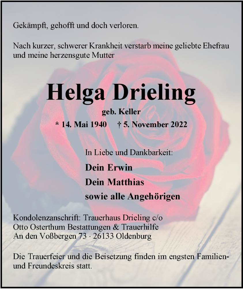  Traueranzeige für Helga Drieling vom 12.11.2022 aus Nordwest-Zeitung
