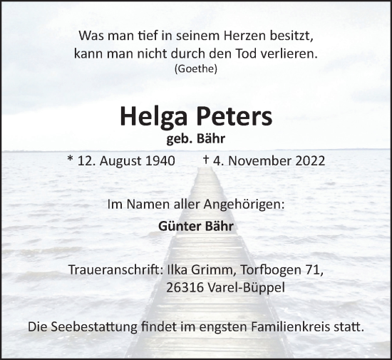 Traueranzeige von Helga Peters von Nordwest-Zeitung