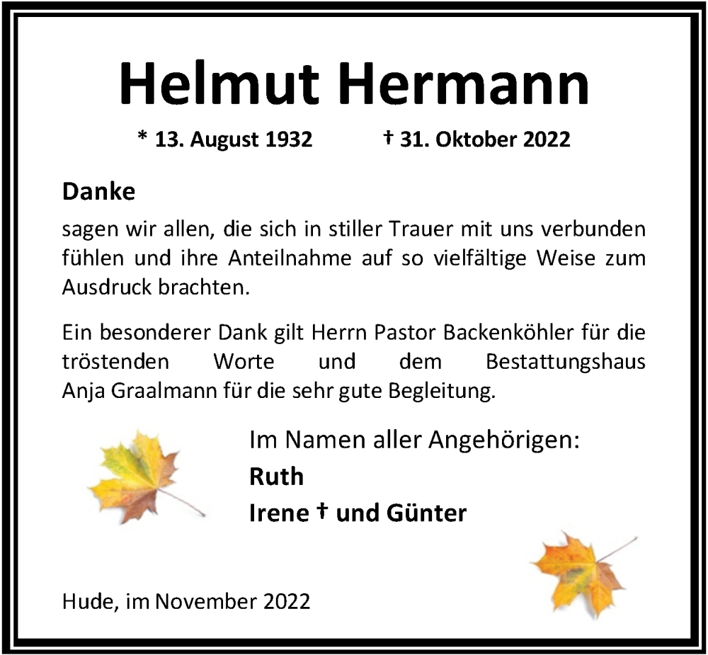  Traueranzeige für Helmut Hermann vom 26.11.2022 aus Nordwest-Zeitung