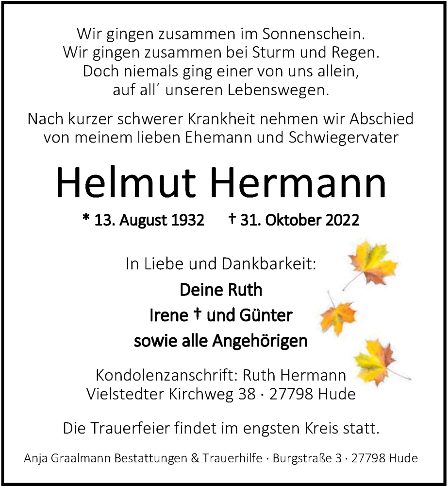  Traueranzeige für Helmut Hermann vom 04.11.2022 aus Nordwest-Zeitung