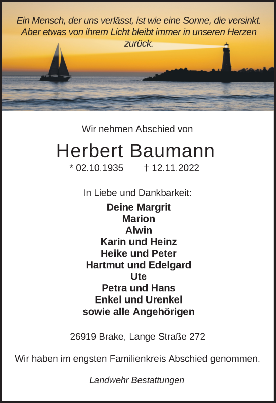 Traueranzeige von Herbert Baumann von Nordwest-Zeitung