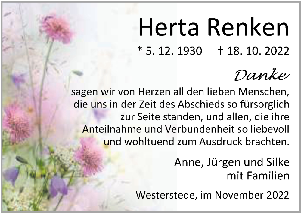  Traueranzeige für Herta Renken vom 25.11.2022 aus Nordwest-Zeitung