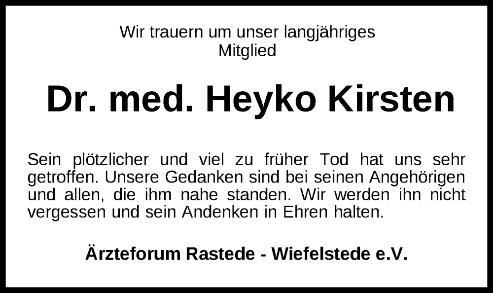  Traueranzeige für Heyko Kirsten vom 29.11.2022 aus Nordwest-Zeitung