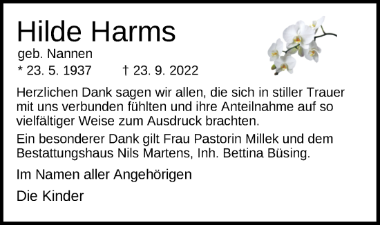 Traueranzeige von Hilde Harms von Nordwest-Zeitung