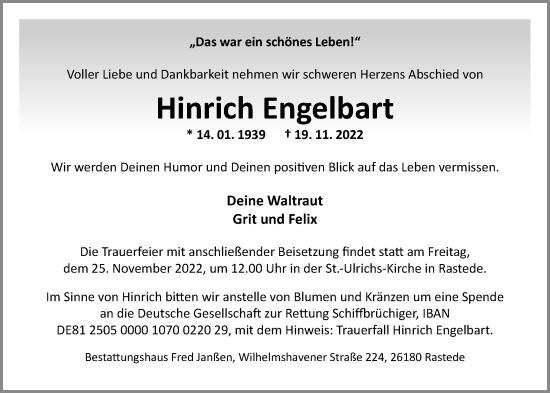 Traueranzeige von Hinrich Engelbart von Nordwest-Zeitung