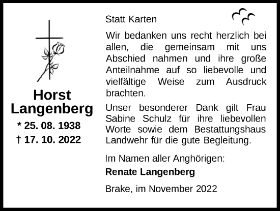Traueranzeige von Horst Langenberg von Nordwest-Zeitung