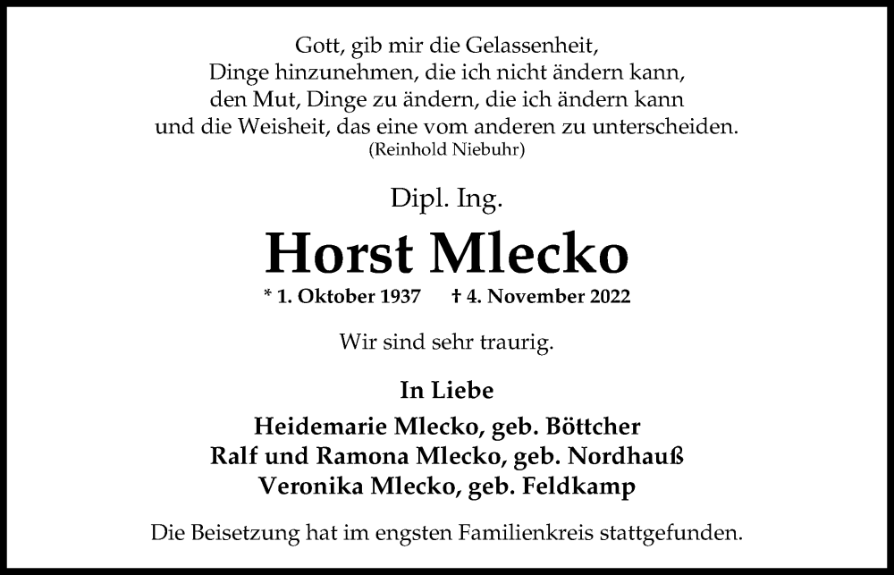  Traueranzeige für Horst Mlecko vom 25.11.2022 aus Nordwest-Zeitung