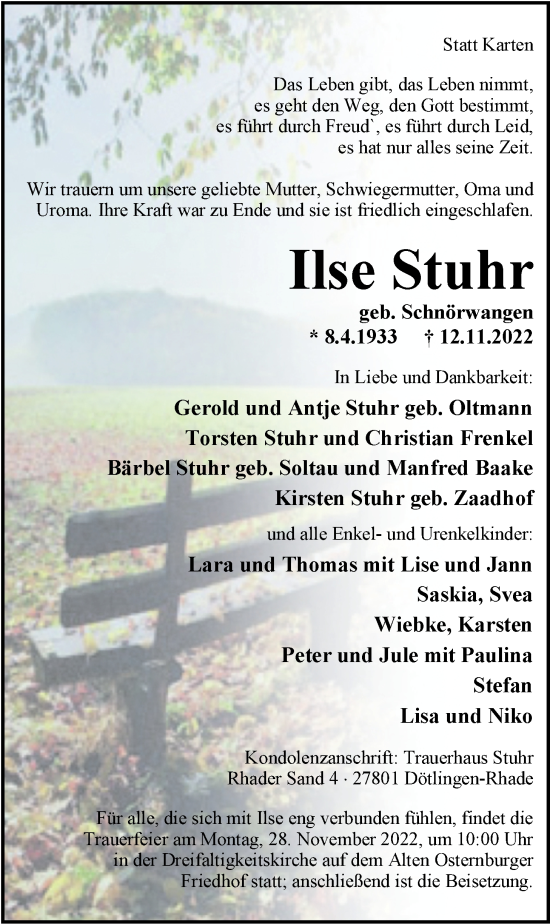 Traueranzeige von Ilse Stuhr von Nordwest-Zeitung
