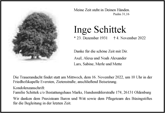 Traueranzeige von Inge Schittek von Nordwest-Zeitung