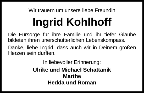 Traueranzeige von Ingrid Kohlhoff von Nordwest-Zeitung