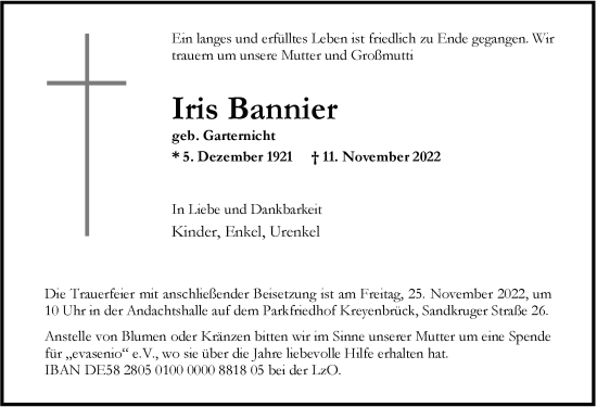 Traueranzeige von Iris Bannier von Nordwest-Zeitung
