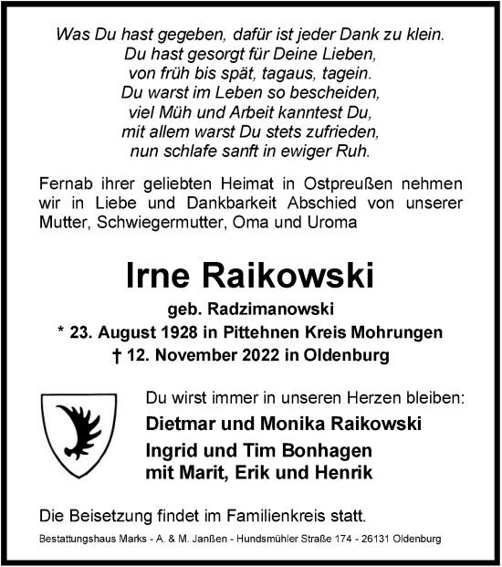 Traueranzeige von Irne Raikowski von Nordwest-Zeitung