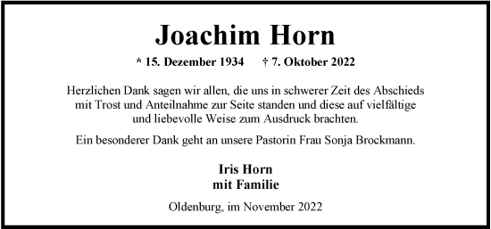 Traueranzeige von Joachim Horn von Nordwest-Zeitung