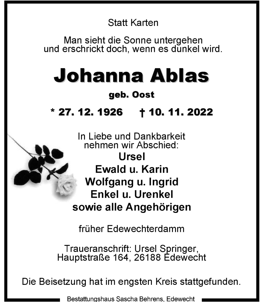  Traueranzeige für Johanna Ablas vom 24.11.2022 aus Nordwest-Zeitung
