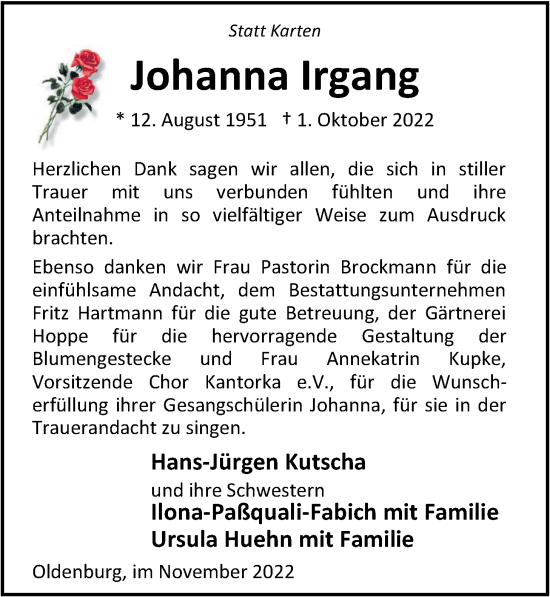 Traueranzeige von Johanna Irgang von Nordwest-Zeitung