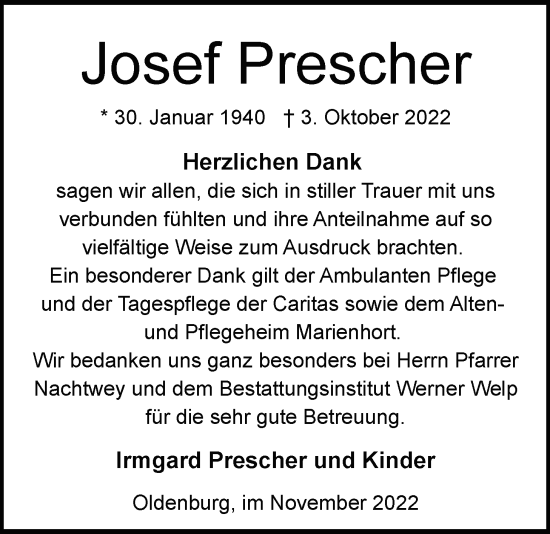 Traueranzeige von Josef Prescher von Nordwest-Zeitung