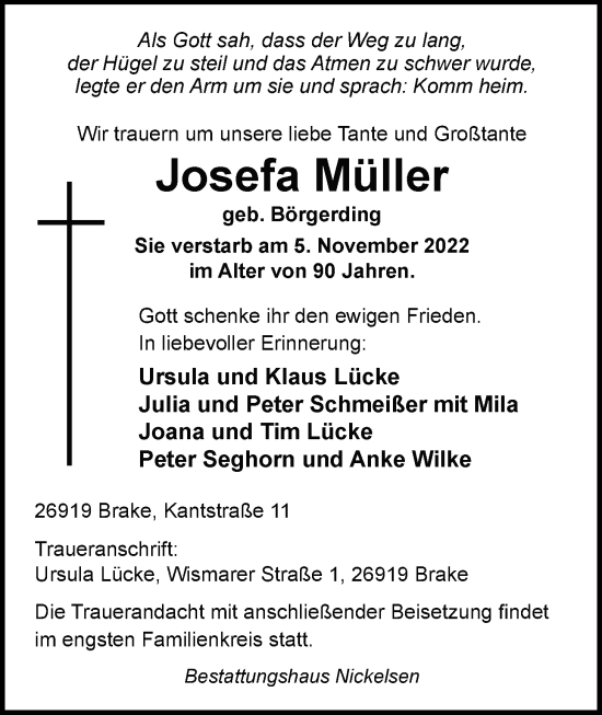 Traueranzeige von Josefa Müller von Nordwest-Zeitung