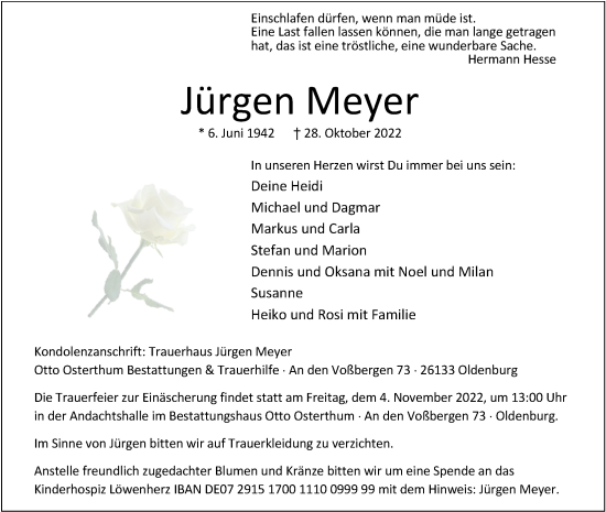 Traueranzeige von Jürgen Meyer von Nordwest-Zeitung