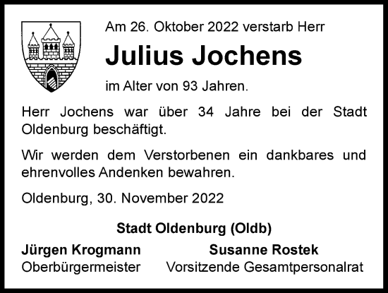 Traueranzeige von Julius Jochens von Nordwest-Zeitung