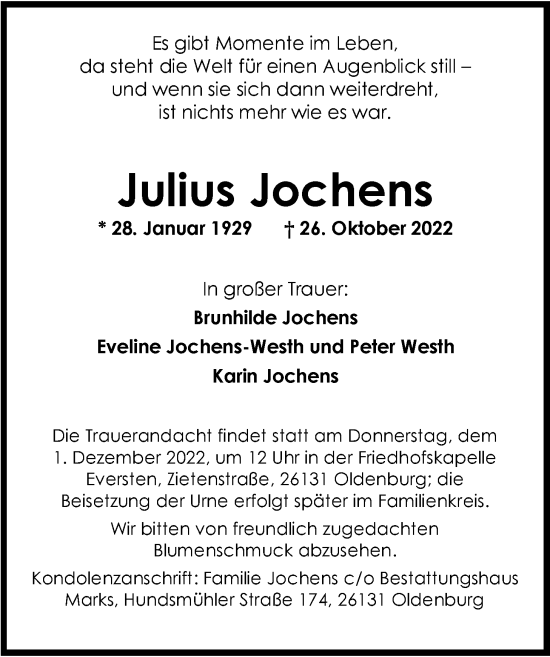Traueranzeige von Julius Jochens von Nordwest-Zeitung