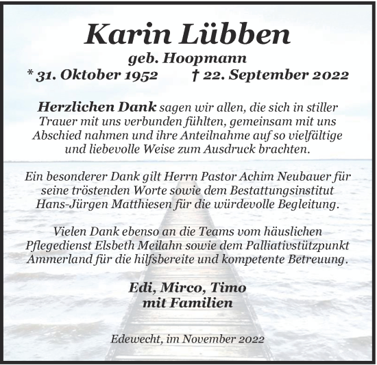 Traueranzeige von Karin Lübben von Nordwest-Zeitung