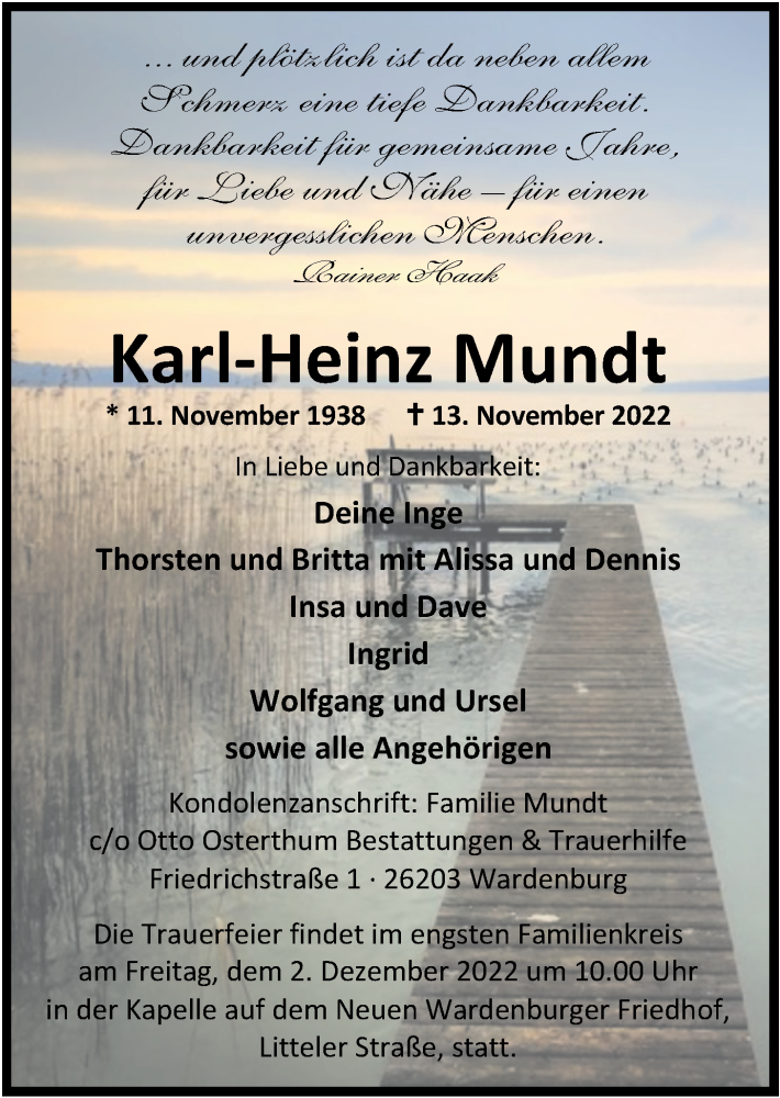  Traueranzeige für Karl-Heinz Mundt vom 19.11.2022 aus Nordwest-Zeitung