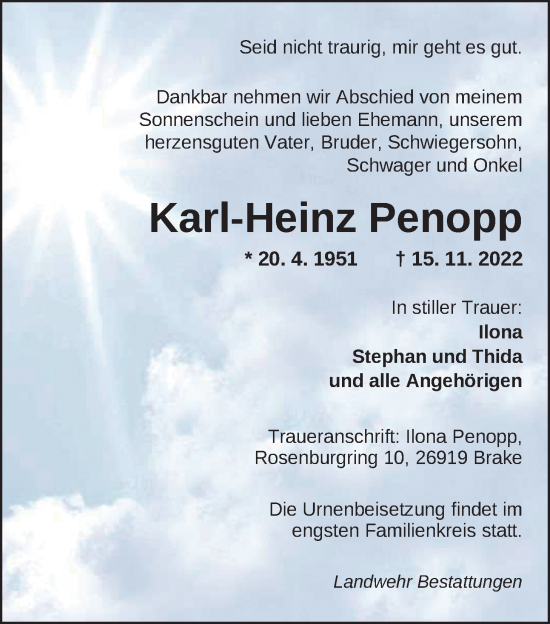 Traueranzeige von Karl-Heinz Penopp von Nordwest-Zeitung