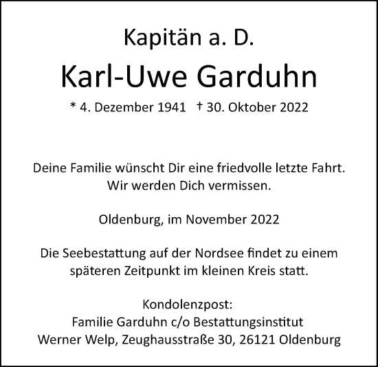 Traueranzeige von Karl-Uwe Garduhn von Nordwest-Zeitung