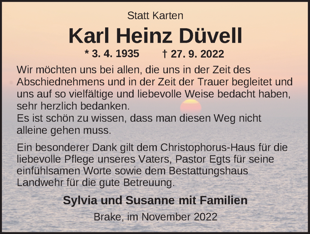  Traueranzeige für Karl Heinz Düvell vom 12.11.2022 aus Nordwest-Zeitung