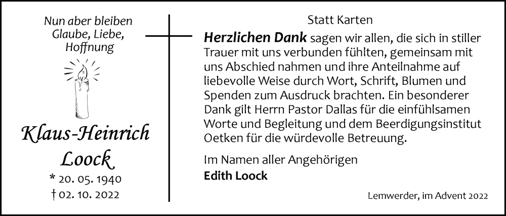  Traueranzeige für Klaus-Heinrich Loock vom 25.11.2022 aus Nordwest-Zeitung